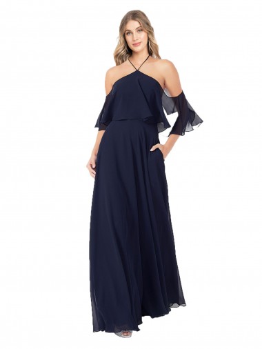 Mejores Azul marina oscuro línea A Halter Cuello Alto Gasa Largo Vestidos de dama de honor