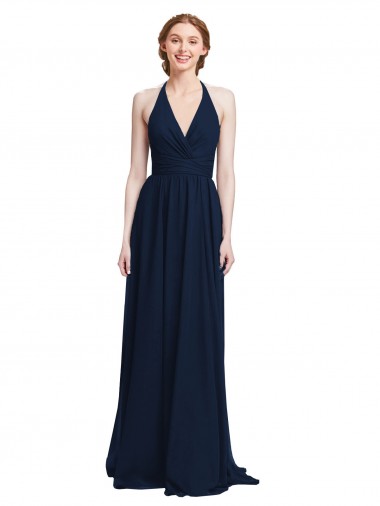 Mejores Azul marina oscuro línea A Halter Cuello en V Gasa Largo Vestidos de dama de honor