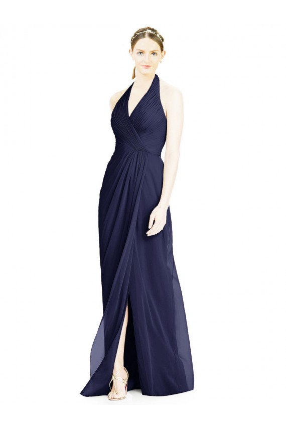 Mejores Azul marina oscuro línea A Halter Cuello en V Gasa Largo Vestidos de dama de honor