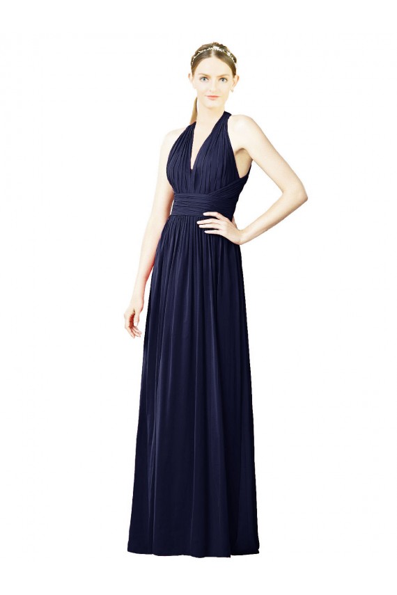 Mejores Azul marina oscuro línea A Halter Cuello en V Gasa Largo Vestidos de dama de honor