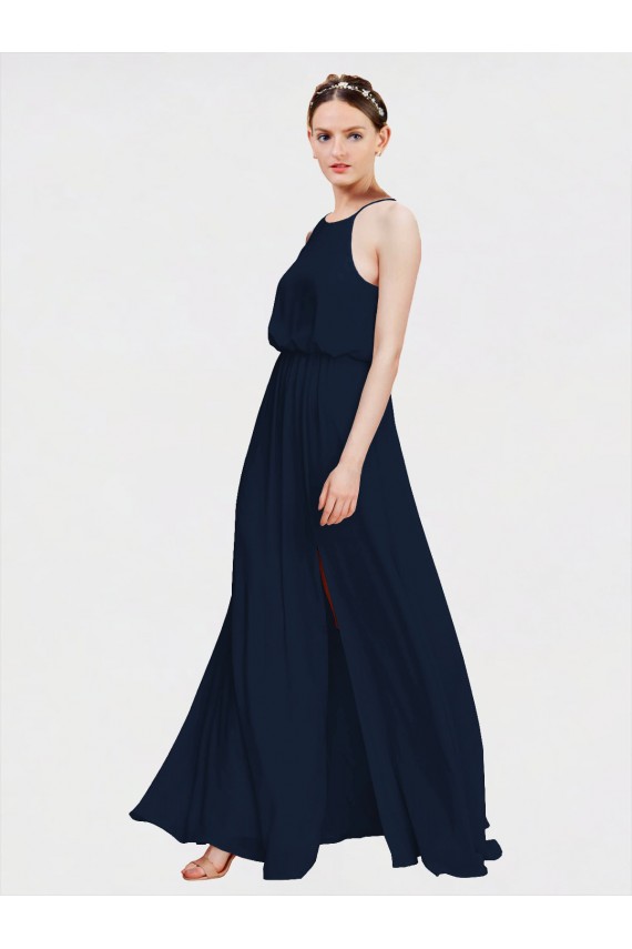 Mejores Azul marina oscuro línea A Halter Gasa Largo Vestidos de dama de honor