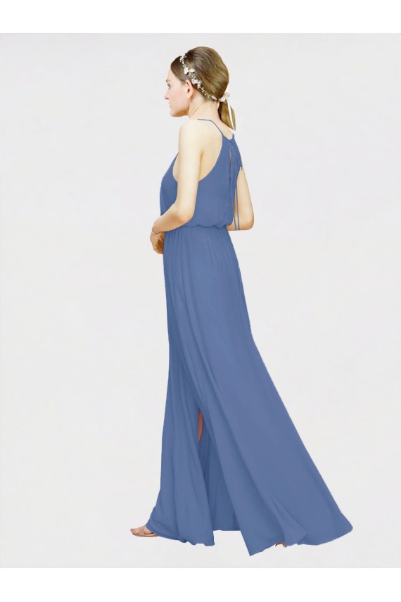 Mejores Azul marina oscuro línea A Halter Gasa Largo Vestidos de dama de honor