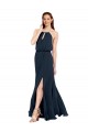 Mejores Azul marina oscuro línea A Halter Gasa Largo Vestidos de dama de honor