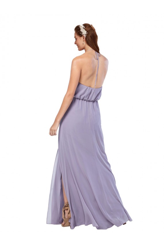 Mejores Azul marina oscuro línea A Halter Gasa Largo Vestidos de dama de honor