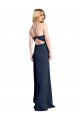 Mejores Azul marina oscuro línea A Halter Satén elástico Largo Formales Vestidos de dama de honor / Vestidos de fiesta