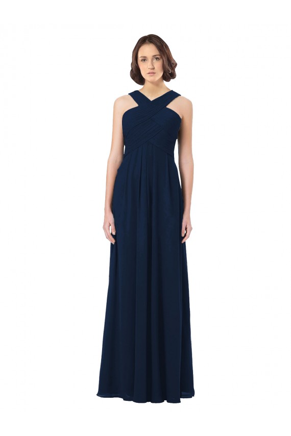 Mejores Azul marina oscuro línea A Hombros Descubiertos Gasa Largo Vestidos de dama de honor