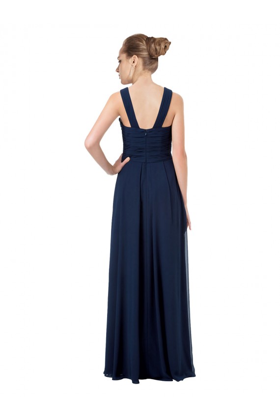 Mejores Azul marina oscuro línea A Hombros Descubiertos Gasa Largo Vestidos de dama de honor