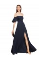 Mejores Azul marina oscuro línea A Hombros Descubiertos Gasa Largo Vestidos de dama de honor / Vestidos de fiesta