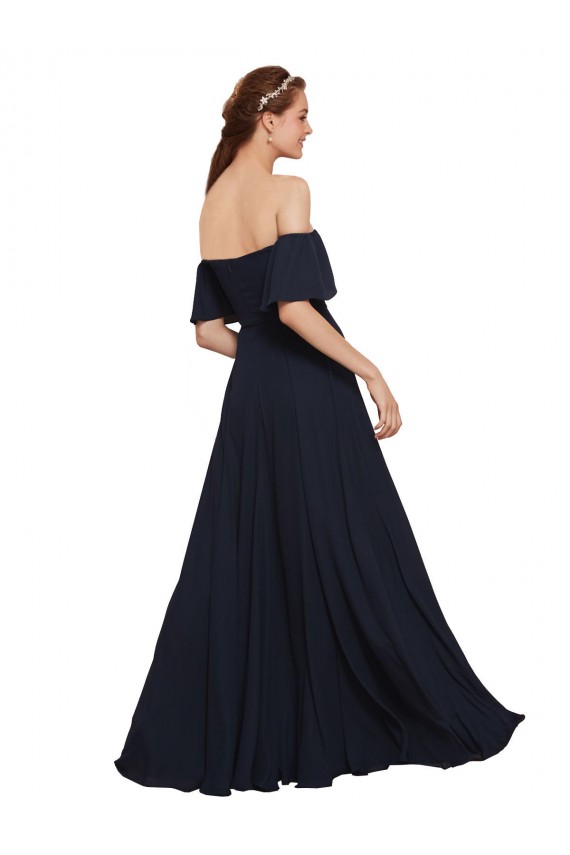 Mejores Azul marina oscuro línea A Hombros Descubiertos Gasa Largo Vestidos de dama de honor / Vestidos de fiesta