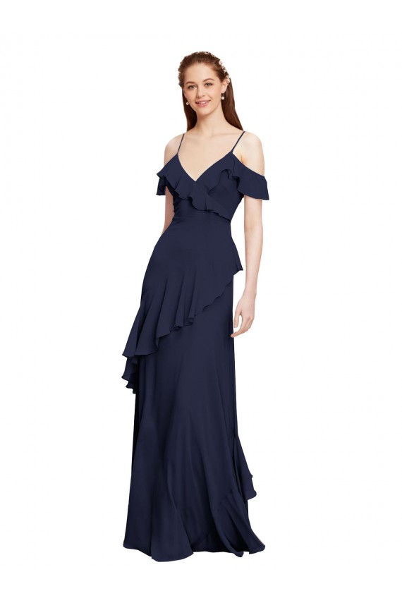 Mejores Azul marina oscuro línea A Hombros Descubiertos Tirantes espagueti Gasa Largo Vestidos de dama de honor