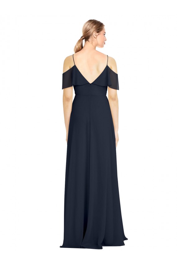 Mejores Azul marina oscuro línea A Hombros Descubiertos Tirantes espagueti Gasa Largo Vestidos de dama de honor