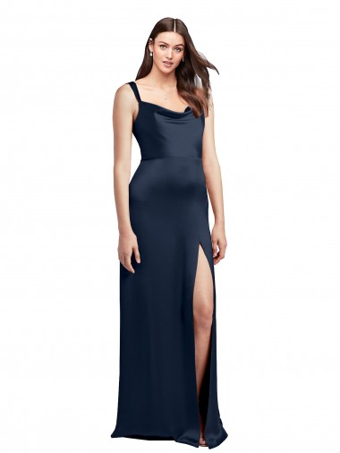 Mejores Azul marina oscuro línea A Satén elástico Largo Formales Vestidos de dama de honor / Vestidos de fiesta