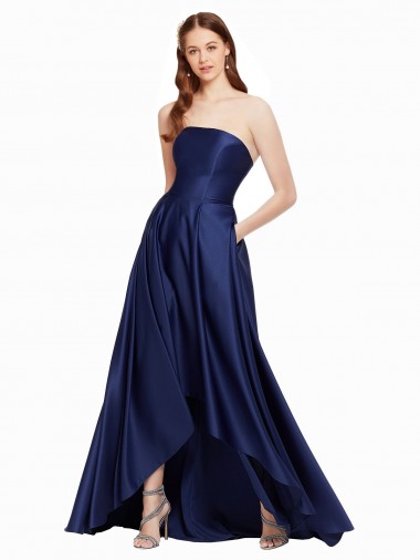 Mejores Azul marina oscuro línea A Sin tirantes Satén Largo Asimétrico Formales Vestidos de dama de honor / Vestidos de fiesta