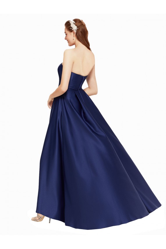 Mejores Azul marina oscuro línea A Sin tirantes Satén Largo Asimétrico Formales Vestidos de dama de honor / Vestidos de fiesta