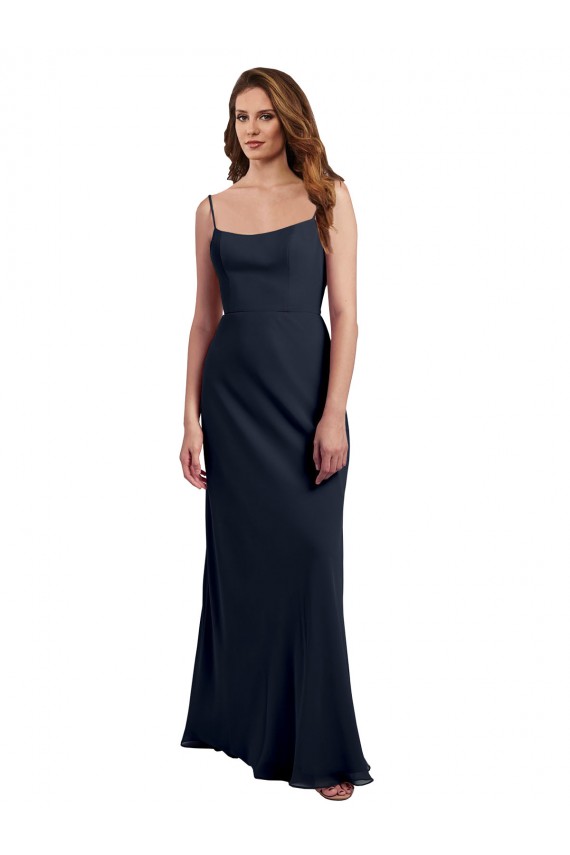 Mejores Azul marina oscuro línea A Tirantes espagueti Cucharón Gasa Largo Vestidos de dama de honor