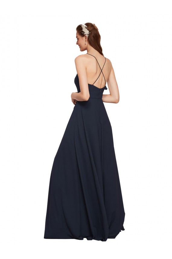 Mejores Azul marina oscuro línea A Tirantes espagueti Cuello en V Gasa Largo Vestidos de dama de honor