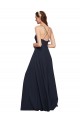 Mejores Azul marina oscuro línea A Tirantes espagueti Cuello en V Gasa Largo Vestidos de dama de honor