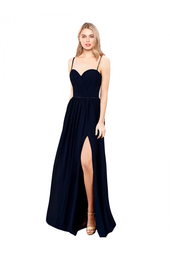 Mejores Azul marina oscuro línea A Tirantes espagueti Gasa Largo Formales Vestidos de dama de honor / Vestidos de noche
