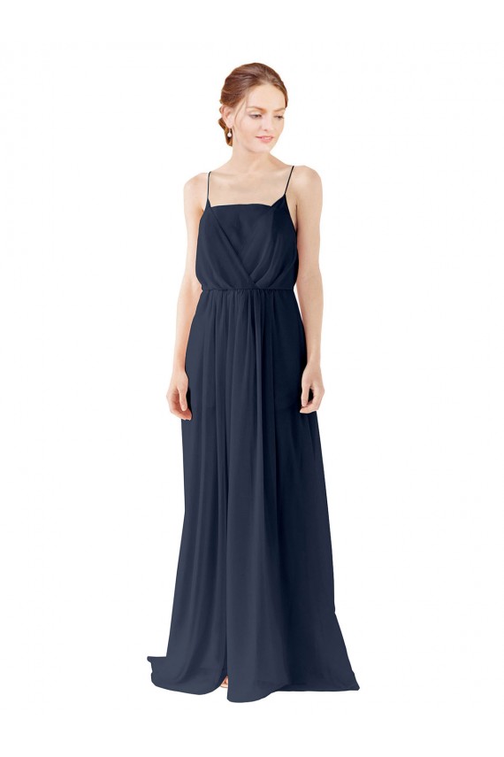Mejores Azul marina oscuro línea A Tirantes espagueti Gasa Largo Vestidos de dama de honor