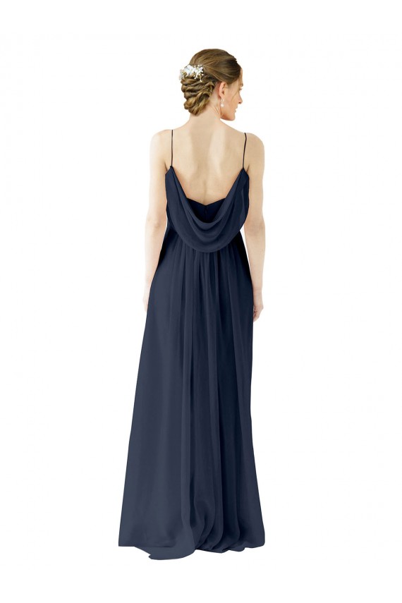 Mejores Azul marina oscuro línea A Tirantes espagueti Gasa Largo Vestidos de dama de honor