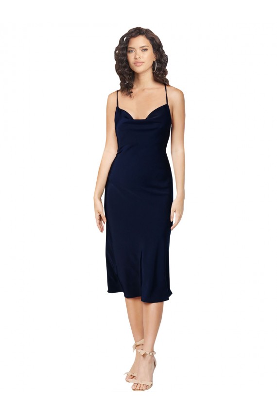 Mejores Azul marina oscuro línea A Tirantes espagueti Midi Satén sedoso Corto Formales Vestidos de dama de honor / Vestidos de fiesta / Vestidos de cóctel