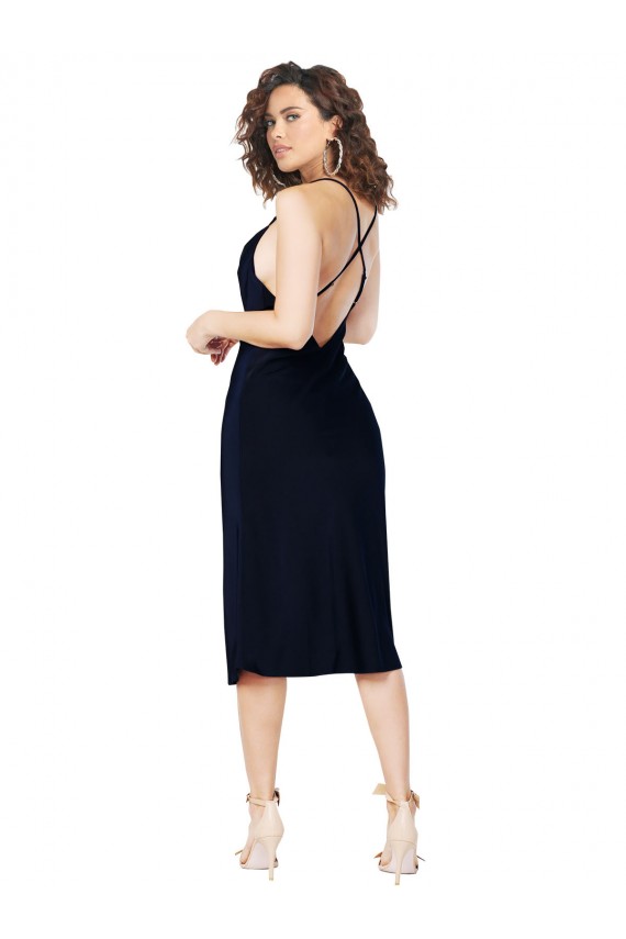 Mejores Azul marina oscuro línea A Tirantes espagueti Midi Satén sedoso Corto Formales Vestidos de dama de honor / Vestidos de fiesta / Vestidos de cóctel