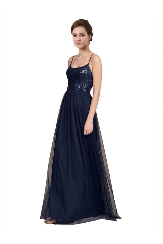Mejores Azul marina oscuro línea A Tirantes espagueti Tul Encaje Largo Vestidos de dama de honor