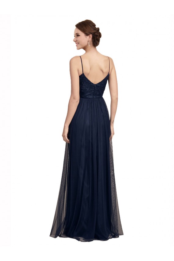 Mejores Azul marina oscuro línea A Tirantes espagueti Tul Encaje Largo Vestidos de dama de honor