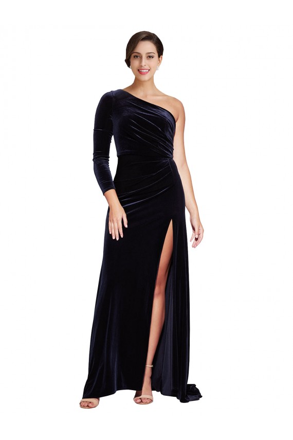 Mejores Azul marina oscuro línea A Un Hombre Barrer tren Terciopelo Elástico Largo Formales Vestidos de dama de honor / Vestidos de fiesta