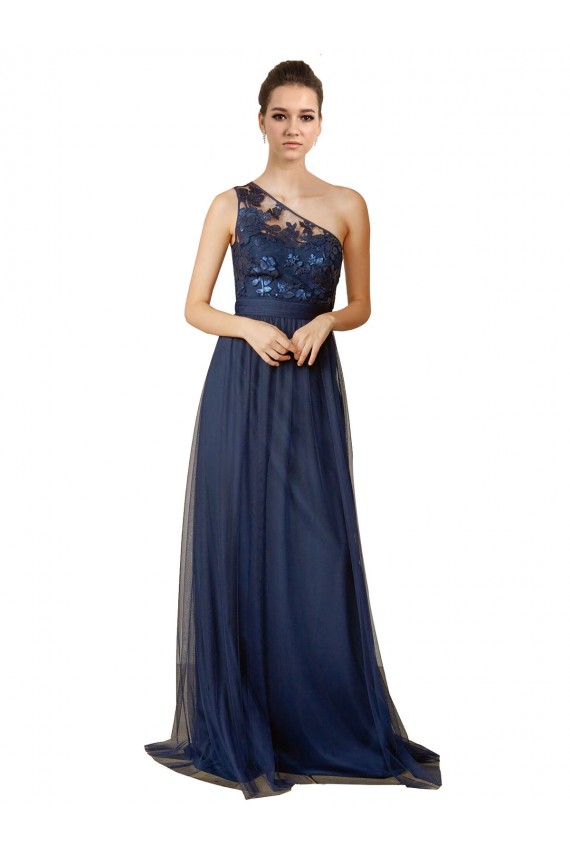Mejores Azul marina oscuro línea A Un Hombre Barrer tren Tul Largo Vestidos de dama de honor