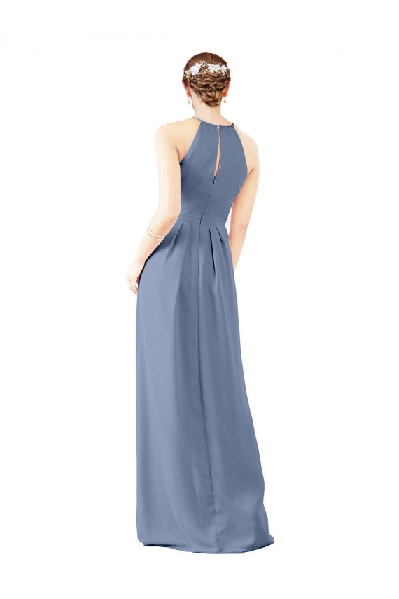 Mejores Azul polvoriento Cubierta Halter Cuello Alto Gasa Largo Vestidos de dama de honor