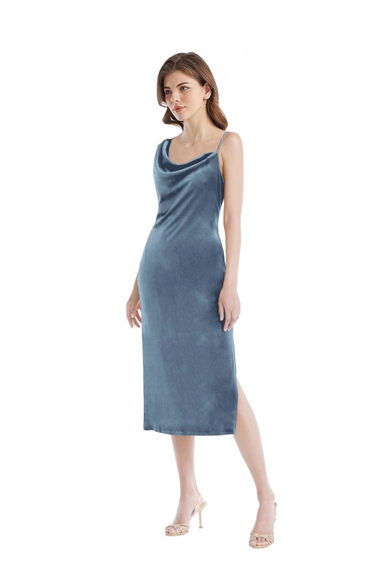 Mejores Azul polvoriento Cubierta Un Hombre Terciopelo Elástico Largo Vestidos de dama de honor / Vestidos de fiesta