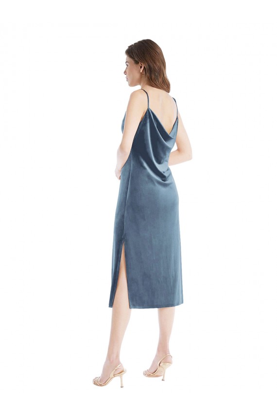 Mejores Azul polvoriento Cubierta Un Hombre Terciopelo Elástico Largo Vestidos de dama de honor / Vestidos de fiesta
