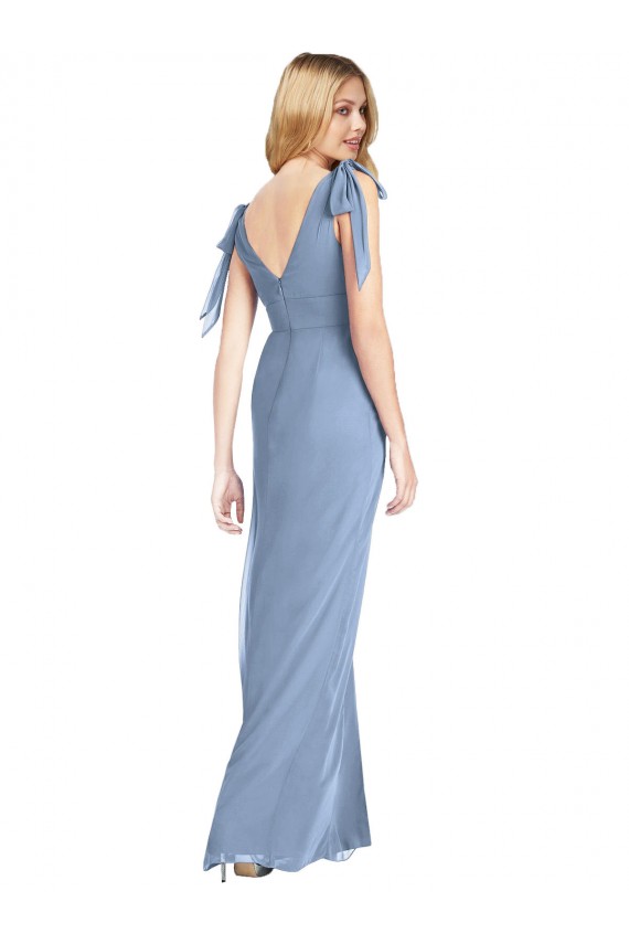 Mejores Azul polvoriento Sirena Cuello en V Gasa Largo Vestidos de dama de honor