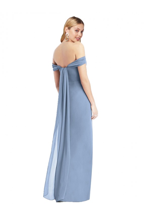 Mejores Azul polvoriento Sirena Hombros Descubiertos Gasa Largo Vestidos de dama de honor