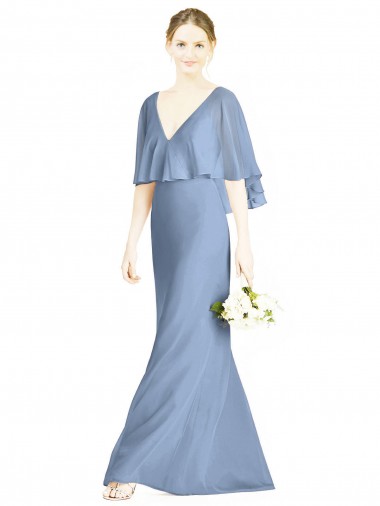 Mejores Azul polvoriento Trompeta Cuello en V Gasa Largo Vestidos de dama de honor