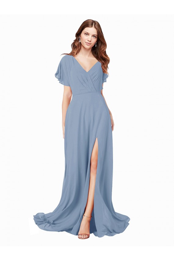Mejores Azul polvoriento línea A Cuello en V Gasa Largo Vestidos de dama de honor / Vestidos de fiesta