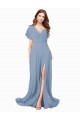 Mejores Azul polvoriento línea A Cuello en V Gasa Largo Vestidos de dama de honor / Vestidos de fiesta