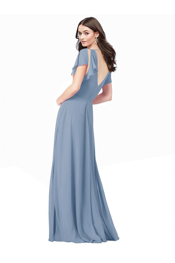 Mejores Azul polvoriento línea A Cuello en V Gasa Largo Vestidos de dama de honor / Vestidos de fiesta