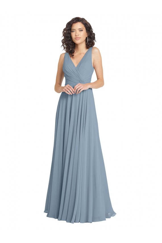 Mejores Azul polvoriento línea A Cuello en V Gasa Largo Vestidos de dama de honor