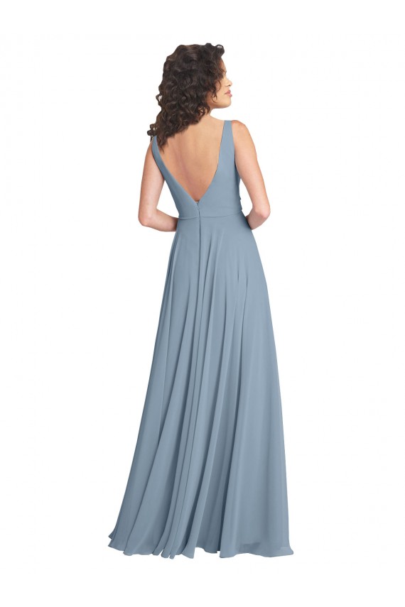 Mejores Azul polvoriento línea A Cuello en V Gasa Largo Vestidos de dama de honor