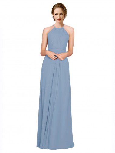 Mejores Azul polvoriento línea A Halter Cuello Alto Gasa Largo Vestidos de dama de honor