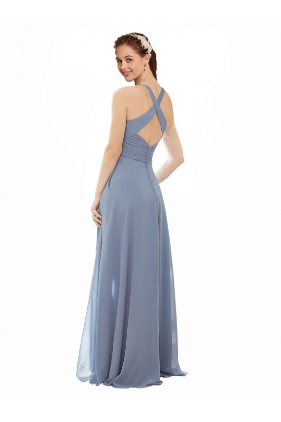 Mejores Azul polvoriento línea A Halter Cuello Alto Gasa Largo Vestidos de dama de honor