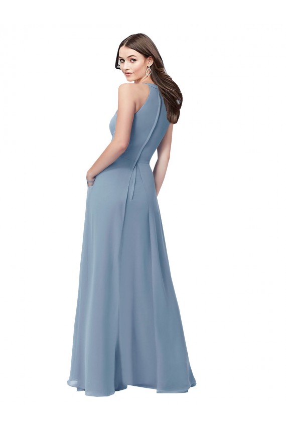 Mejores Azul polvoriento línea A Halter Cuello Alto Gasa Largo Vestidos de dama de honor
