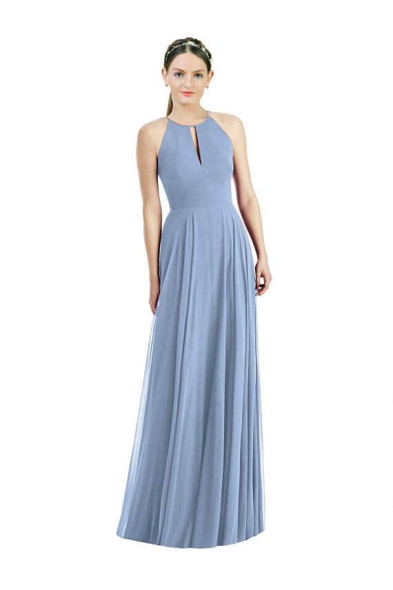 Mejores Azul polvoriento línea A Halter Gasa Largo Vestidos de dama de honor