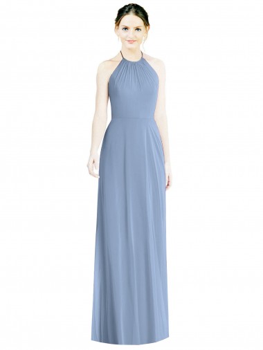 Mejores Azul polvoriento línea A Halter Gasa Largo Vestidos de dama de honor