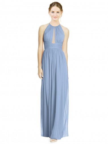 Mejores Azul polvoriento línea A Halter Gasa Largo Vestidos de dama de honor