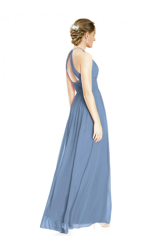 Mejores Azul polvoriento línea A Halter Gasa Largo Vestidos de dama de honor