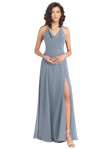 Mejores Azul polvoriento línea A Halter Gasa Largo Vestidos de dama de honor