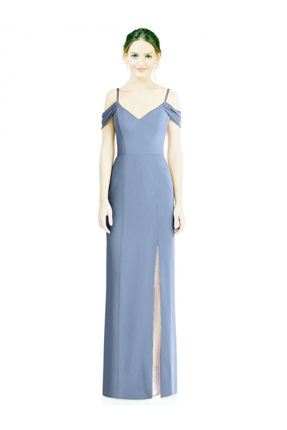 Mejores Azul polvoriento línea A Hombros Descubiertos Gasa Largo Formales Vestidos de dama de honor / Vestidos de noche
